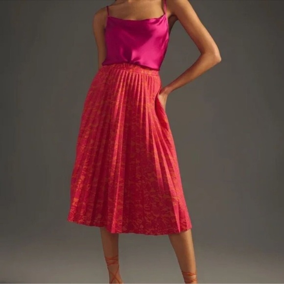Anthropologie Dresses & Skirts - Anthropologie Maeve Lace Pleated Midi Skirt In Pink/ Orange Colorway NWT